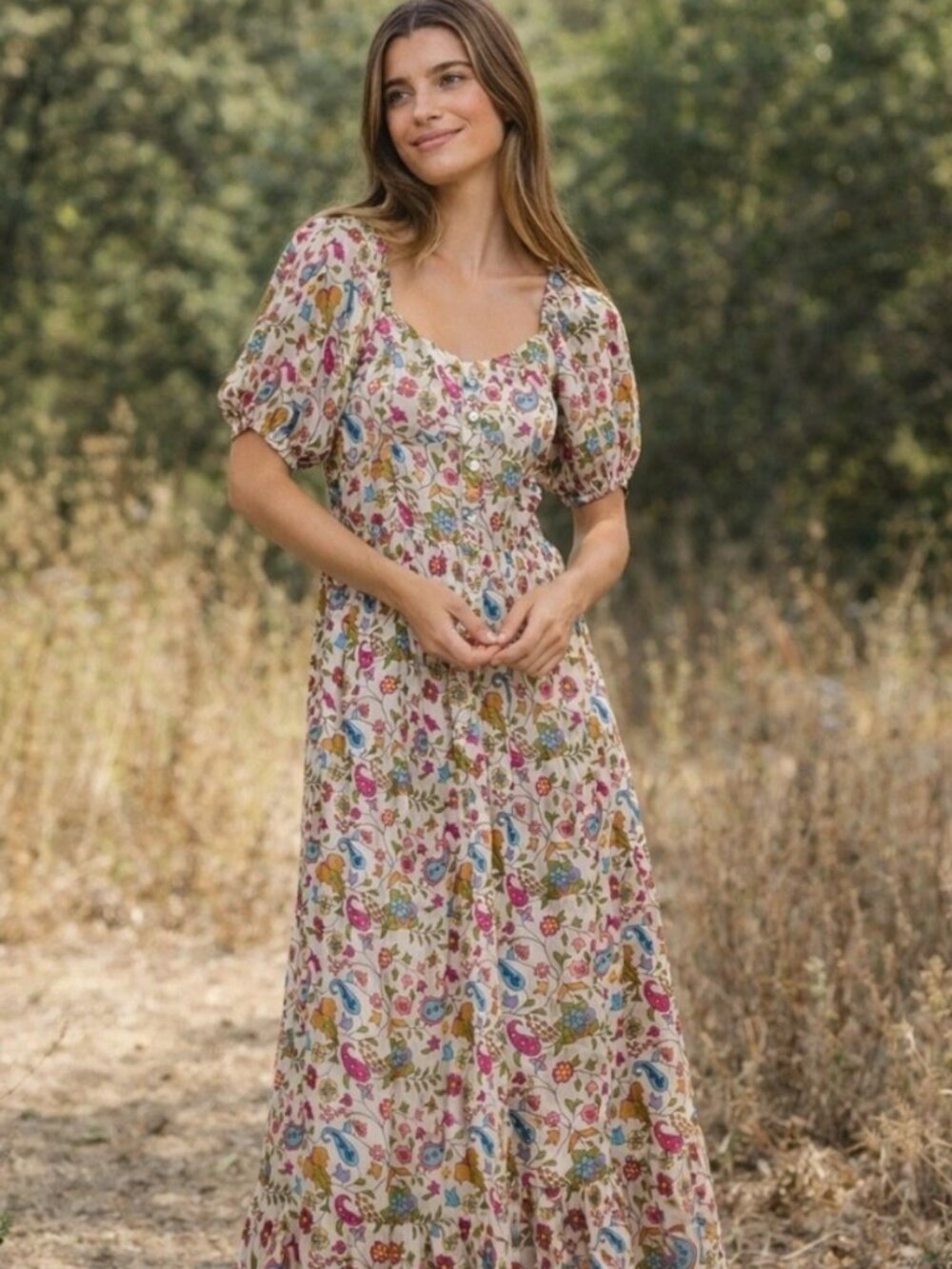 Natural Life NWT Tiered Boho Maxi Dress Puff Sleeve Floral Print size small